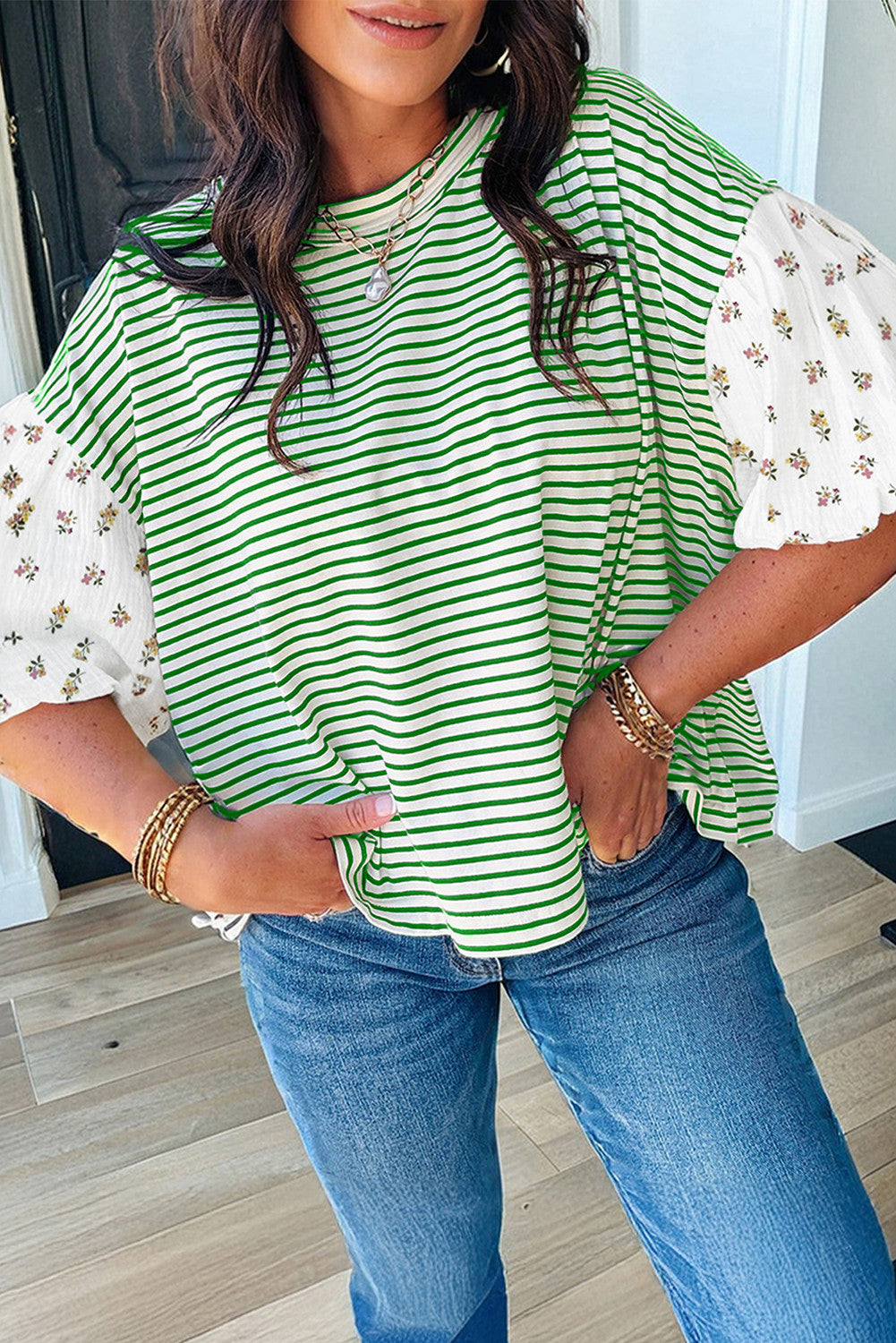 Stripe Floral Sleeve Top RTS