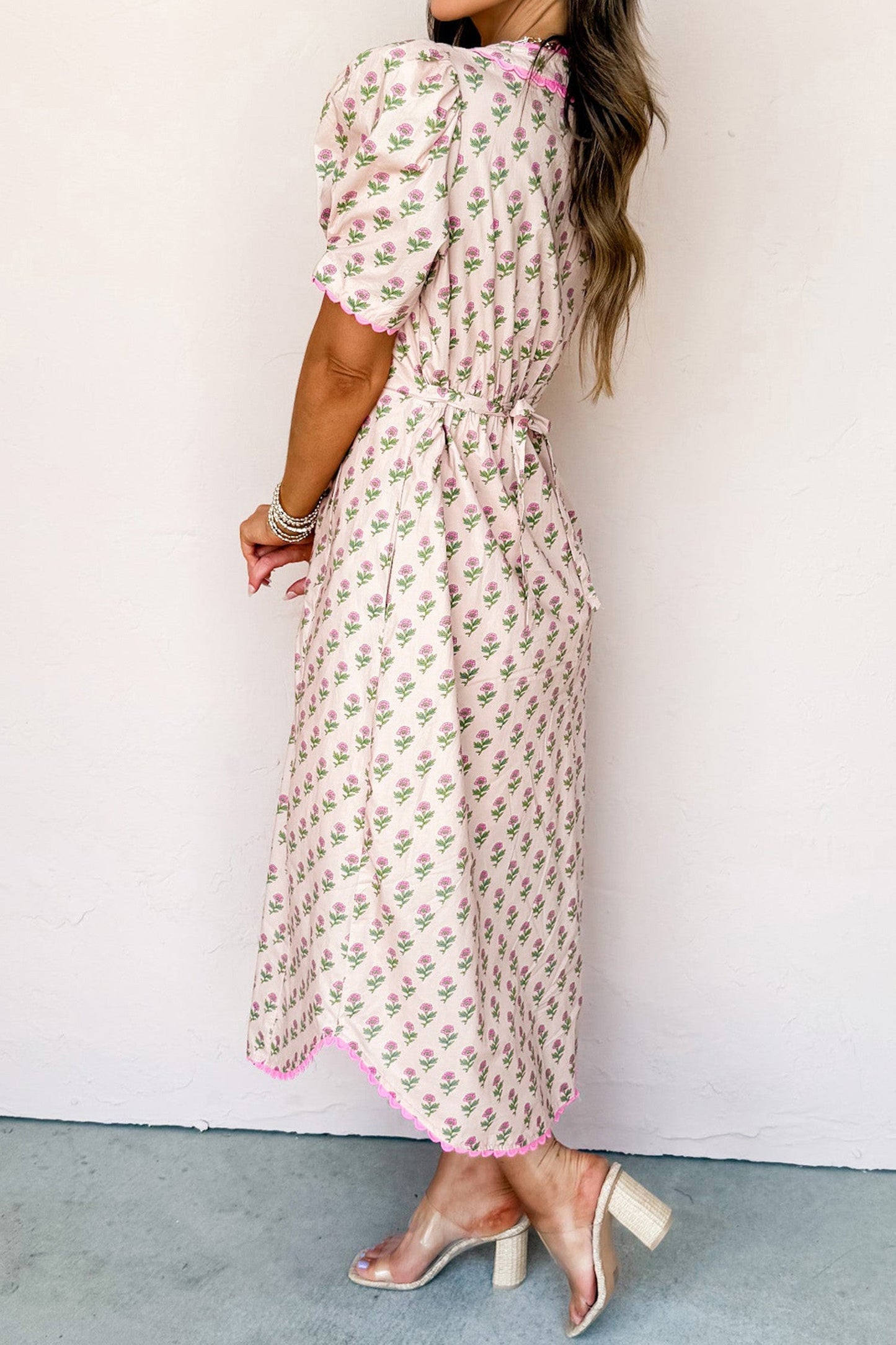 Pink Floral Scallop Trim Long Dress RTS