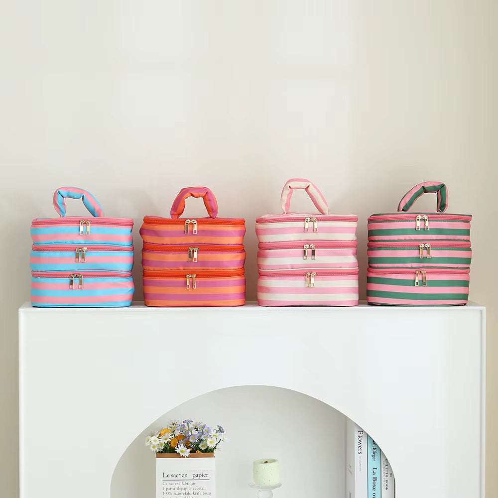Striped Makeup Multi-Zipper Bag *PRE ORDER*