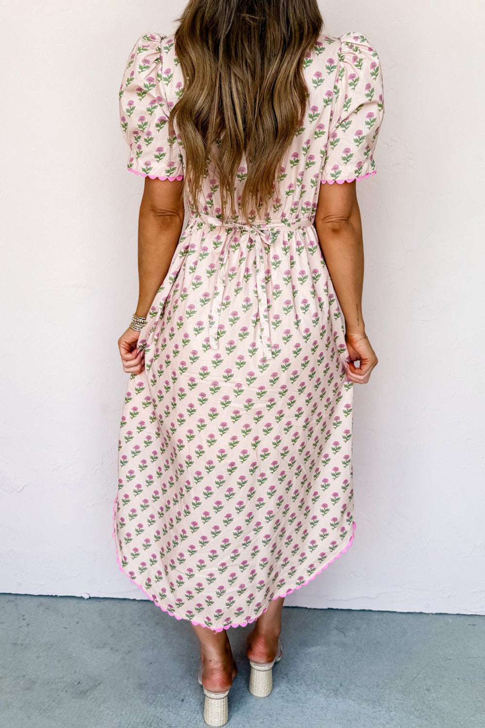 Pink Floral Scallop Trim Long Dress RTS