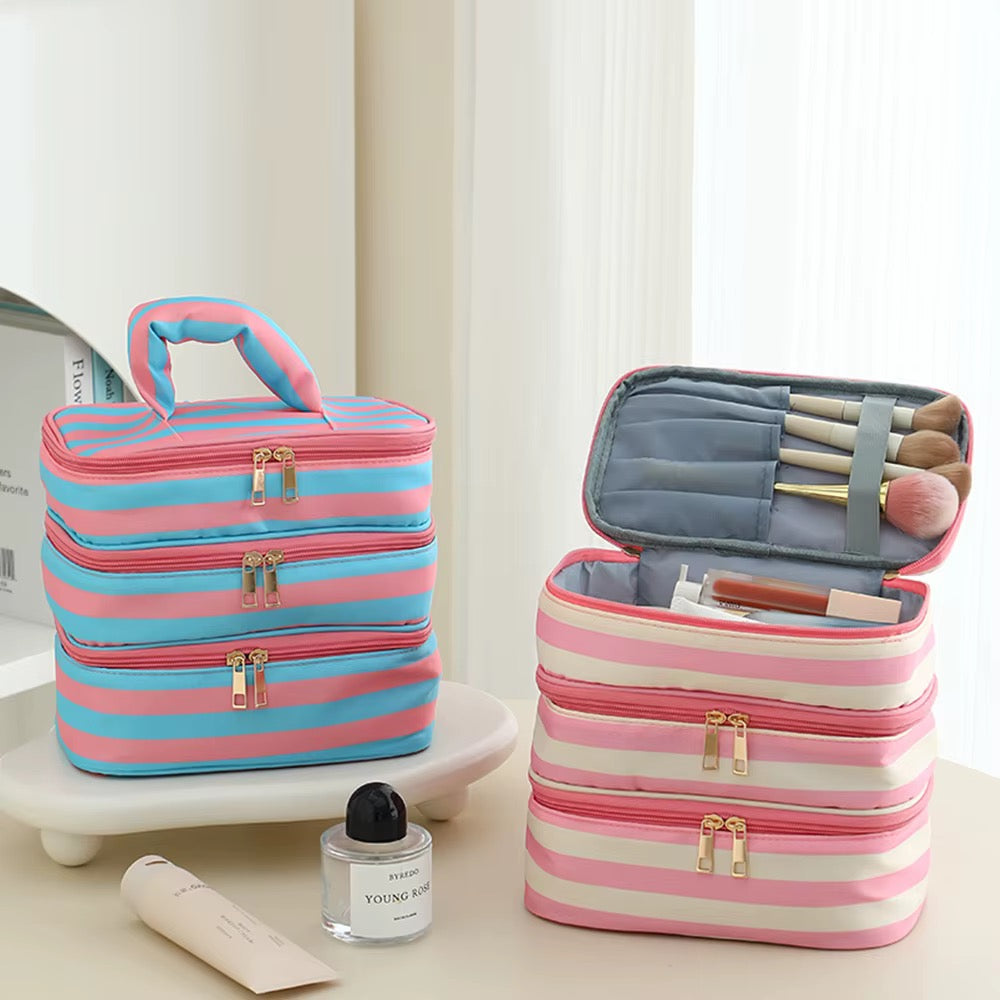 Striped Makeup Multi-Zipper Bag *PRE ORDER*