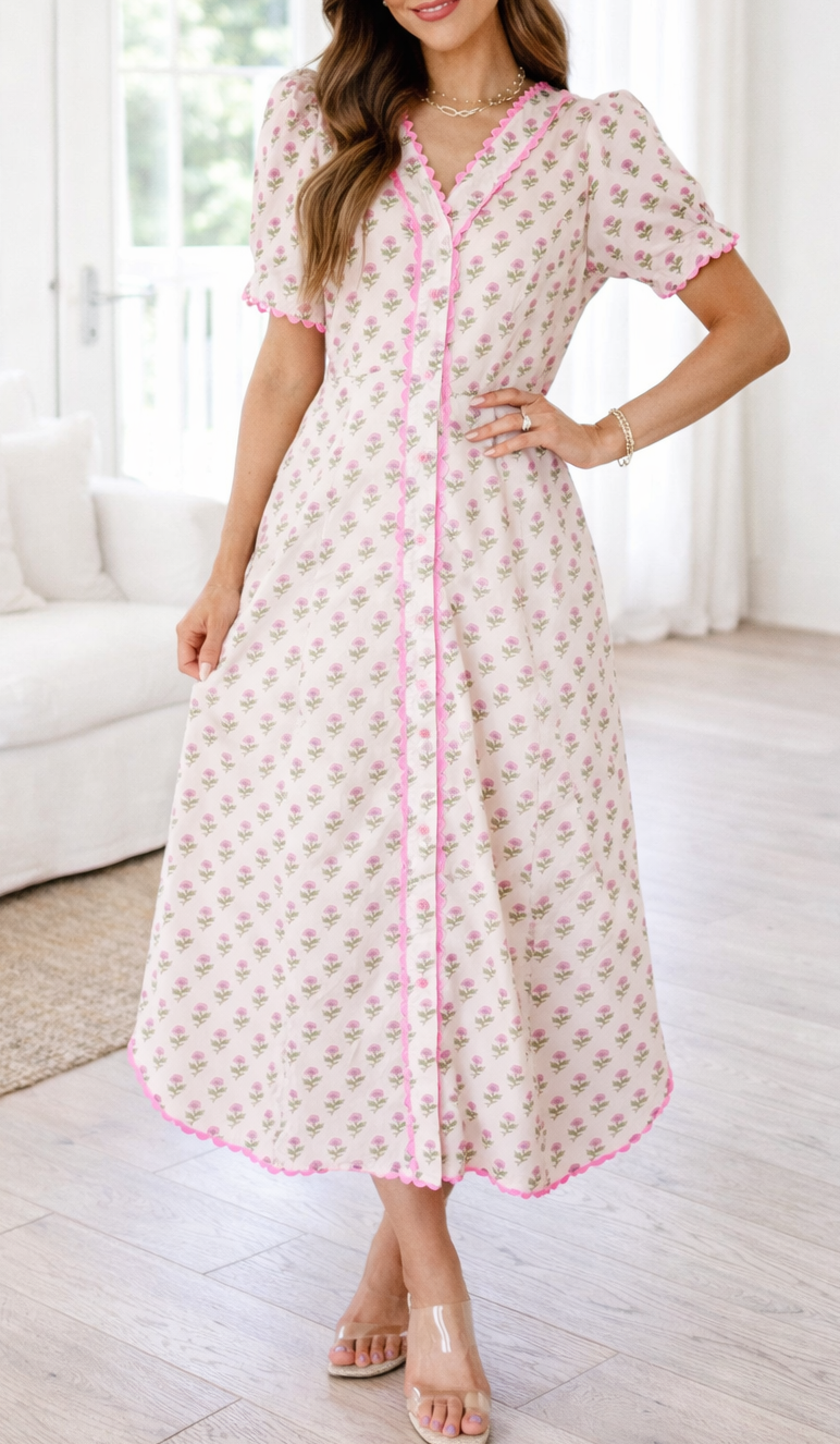 Pink Floral Scallop Trim Long Dress RTS