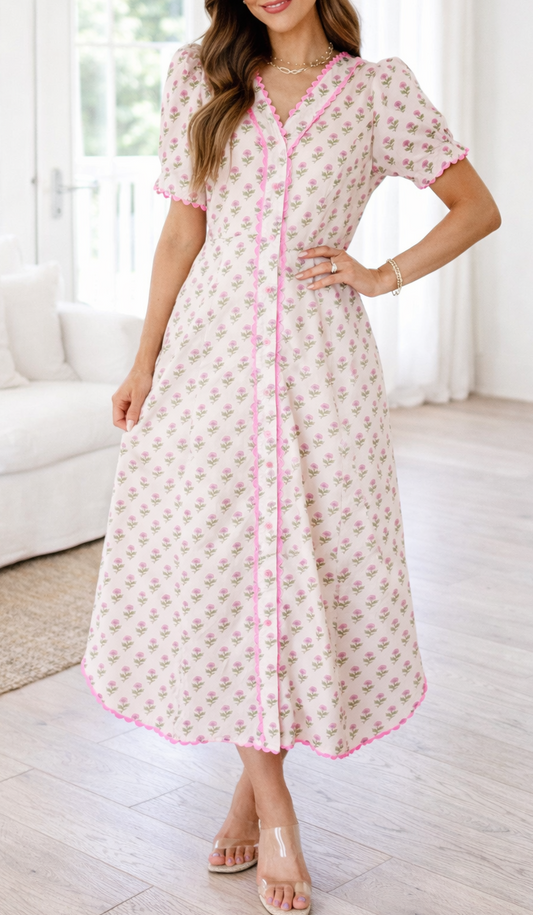 Pink Floral Scallop Trim Long Dress RTS