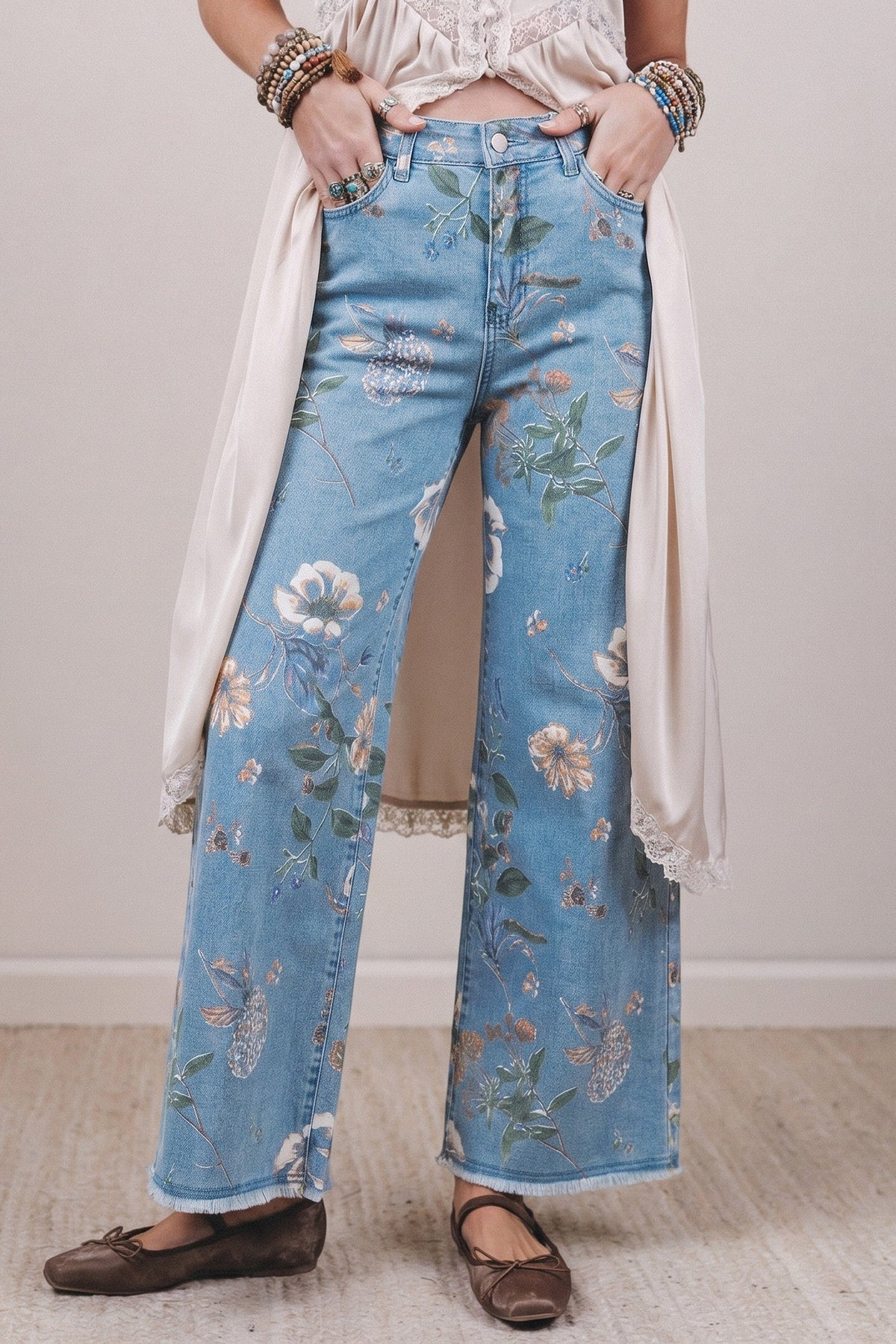 Retro Floral Frayed Hem Jeans RTS